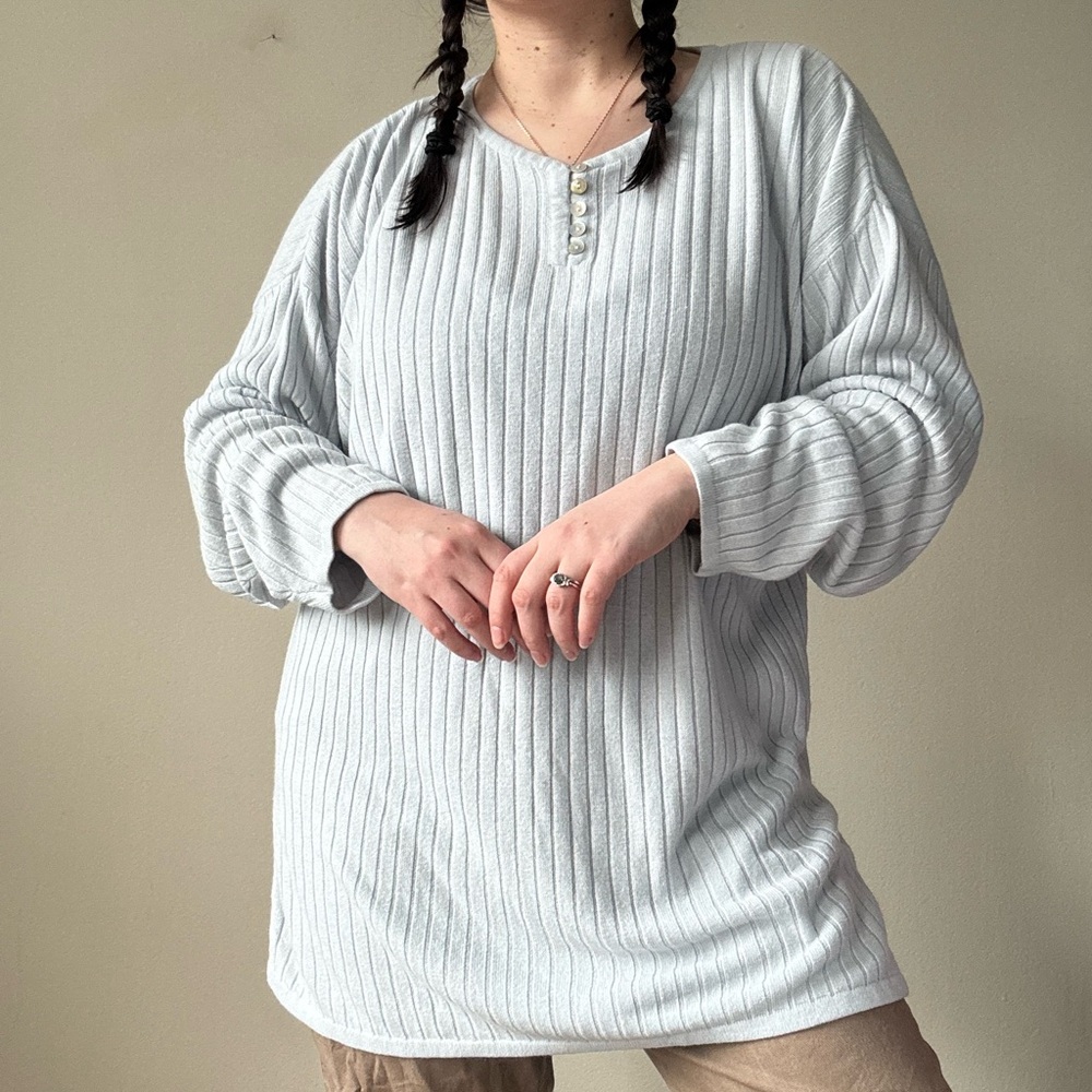 Vintage Light Blue Ribbed Henley Pullover Sweater